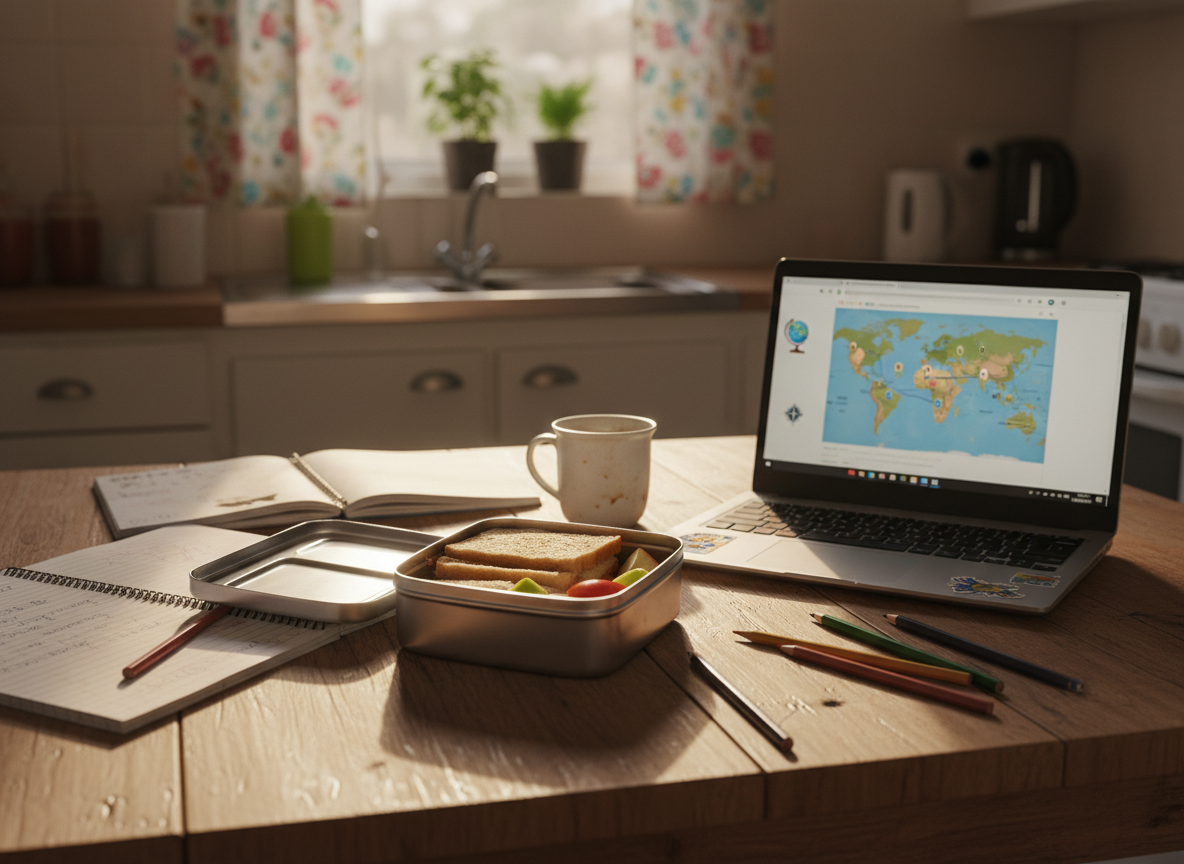 Everyday family life at the kitchen table with schoolwork, simple snacks, and a well-loved laptop.