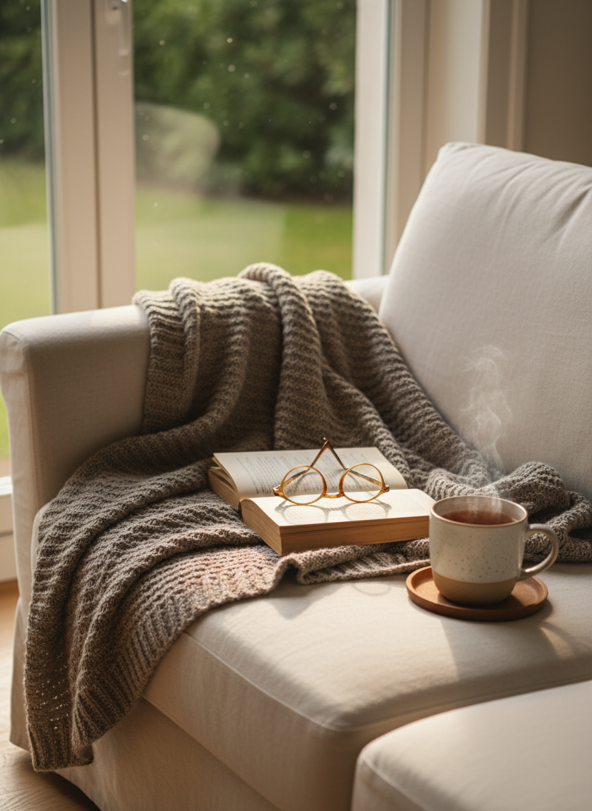 A quiet cozy home detail: an open book, a mug of tea, and a soft knit blanket on a linen sofa near a window.