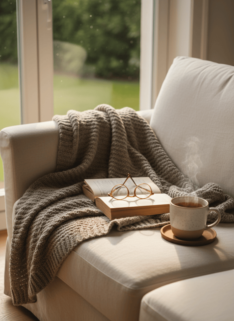 A quiet cozy home detail: an open book, a mug of tea, and a soft knit blanket on a linen sofa near a window with warm daylight. Muted neutral cream and taupe tones, calm airy editorial photographic style.