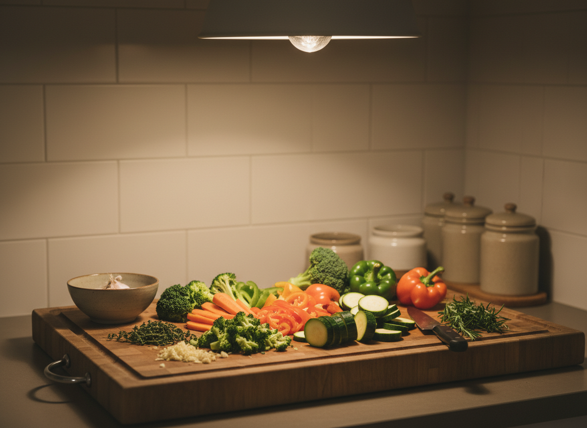 A cozy weeknight meal prep scene: chopped vegetables on a wooden board with warm kitchen light.