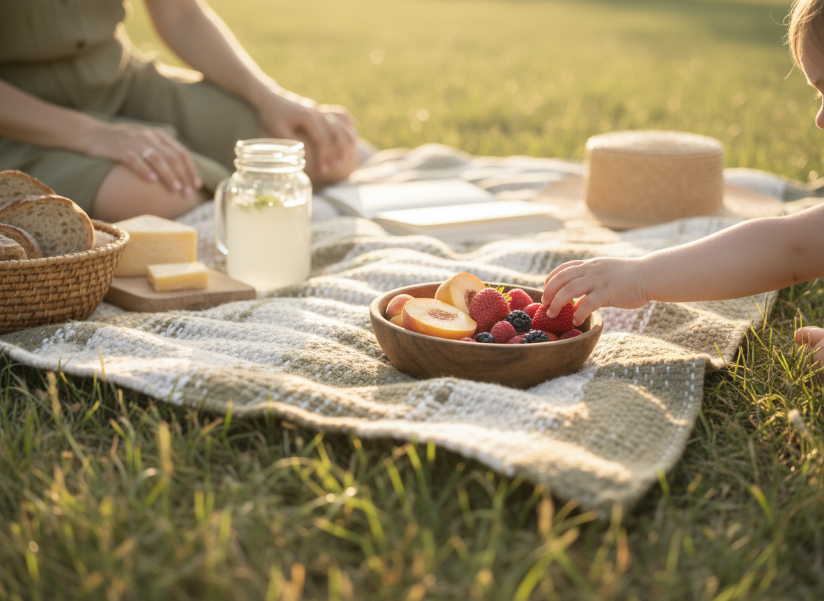 A family picnic blanket spread on grass with simple snacks and a child's hand reaching for fruit.
