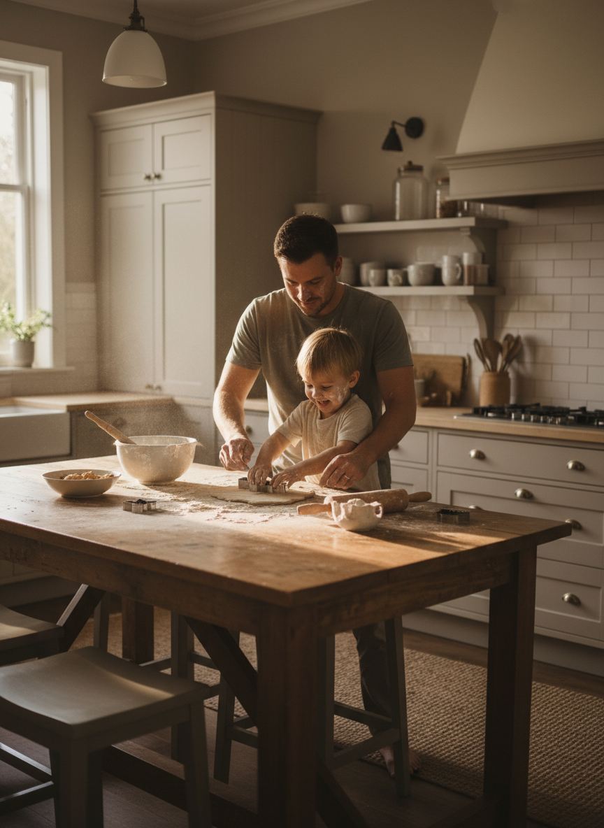 A candid family kitchen moment: parent and child baking together at a wooden counter, flour dusted about, morning light through a window.