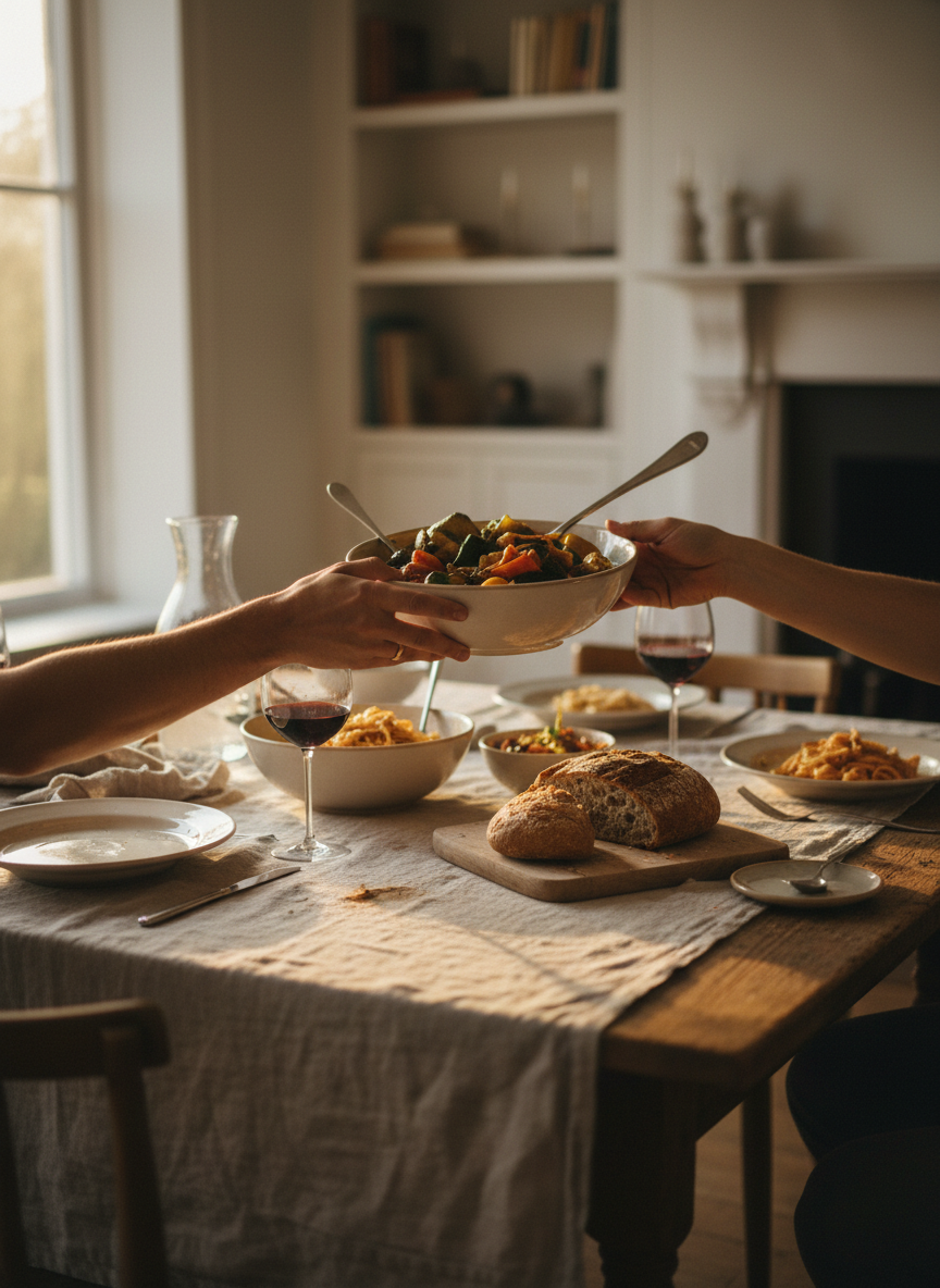 A simple home-cooked family dinner on a wooden table, hands passing a bowl, warm evening light.