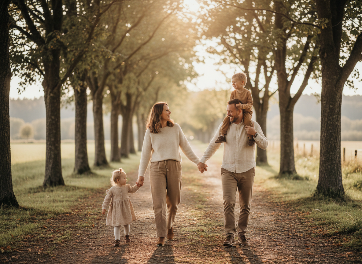A warm, candid family lifestyle scene: a mother, father and two young children walking together along a quiet tree-lined path in soft golden-hour light, dressed casually in neutral tones. Authentic, unposed, natural expressions. Editorial photographic realism, airy and warm, muted neutral cream and taupe palette, gentle shallow depth of field. Not glossy or luxury, relatable and real.
