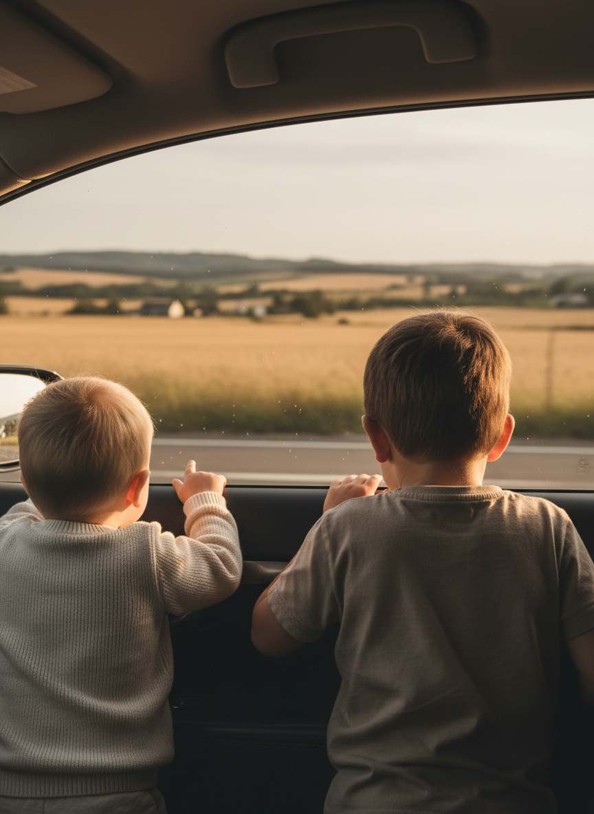 A candid family travel moment: two kids looking out a car window at the countryside on a road trip.