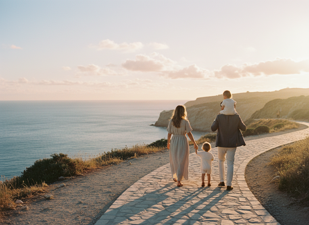 Editorial luxury travel photograph, warm cinematic natural light. A family walking together along a quiet scenic overlook at golden hour, viewed from behind, soft warm tones, creamy neutral palette, aspirational yet authentic, muted beige and warm charcoal shadows, film-photography grain, plenty of open sky for text overlay on the left.