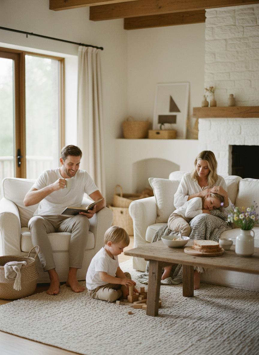 Warm editorial lifestyle photograph of a family enjoying a slow morning at a cozy vacation rental, soft natural window light, creamy off-white and beige tones, refined and calm mood, authentic candid feel, shallow depth of field.