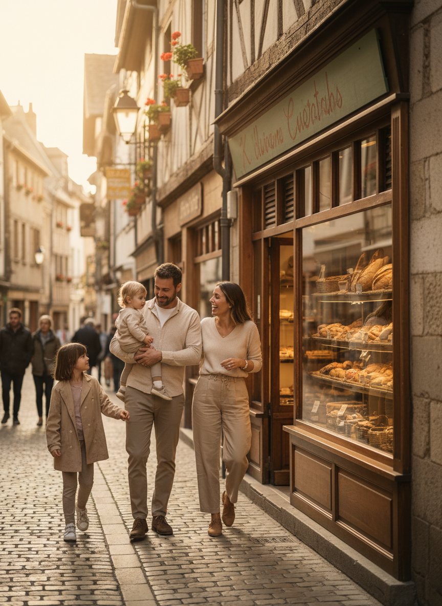Warm editorial travel photograph of a family exploring a charming small-city street, pausing at a bakery window, soft warm neutral tones, sophisticated candid lifestyle feel.