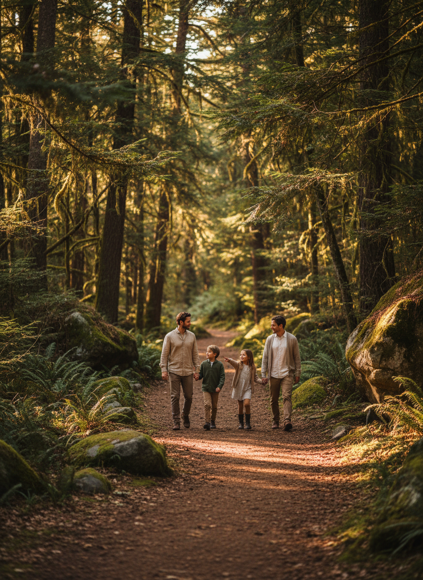 Editorial travel photograph of a family walking a shaded forest trail in a national park, dappled warm light, muted natural earthy tones, calm refined mood, cinematic.