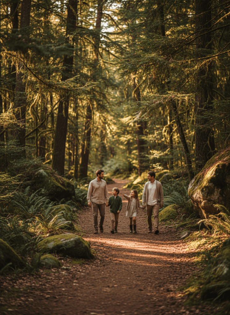 Editorial travel photograph of a family walking a shaded forest trail in a national park, dappled warm light, muted natural earthy tones, calm refined mood, cinematic.