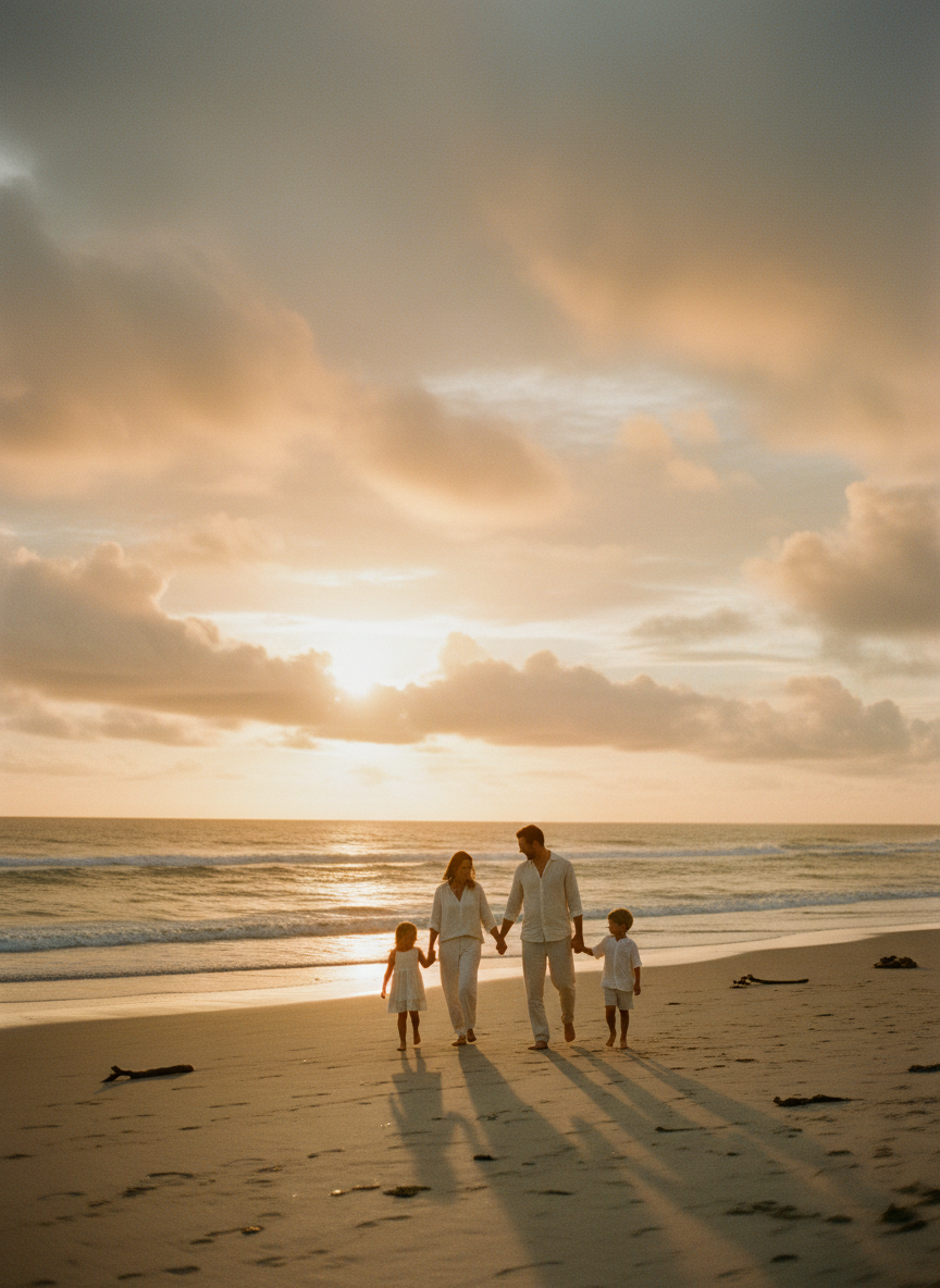 Refined editorial travel photograph of parents and kids walking along a quiet beach at sunset, holding hands, warm golden neutral tones, minimal and spacious composition, film aesthetic.