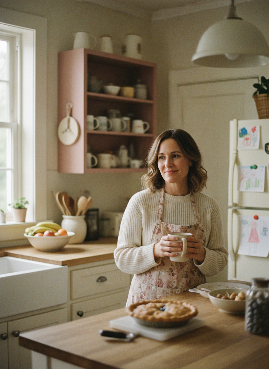 Warm candid portrait of a parent standing in a cozy home kitchen