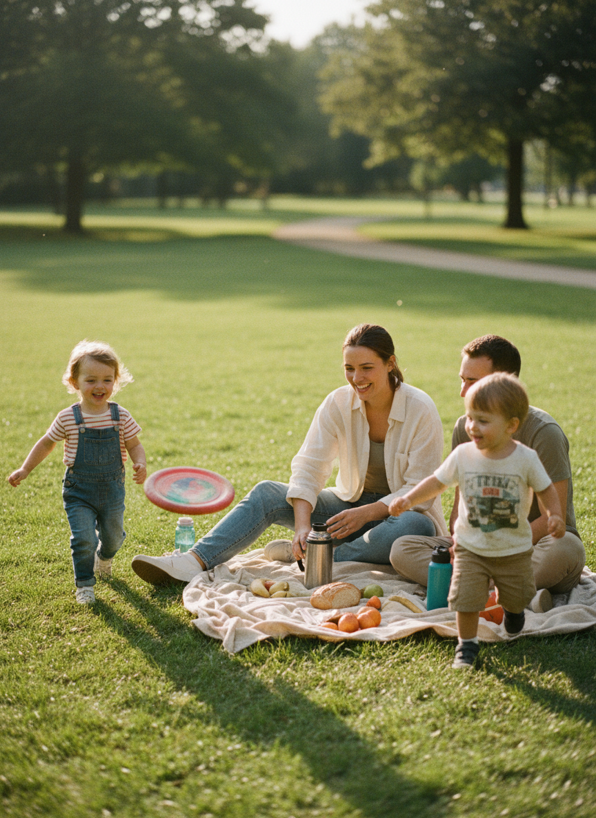 A family enjoying a simple day trip outdoors together in natural light